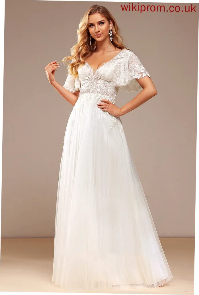 Lace V-neck A-Line Tulle Dress Wedding Lace Beading Wedding Dresses Katherine Sequins Floor-Length With