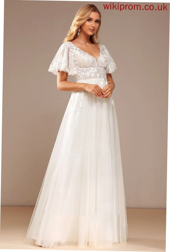 Lace V-neck A-Line Tulle Dress Wedding Lace Beading Wedding Dresses Katherine Sequins Floor-Length With