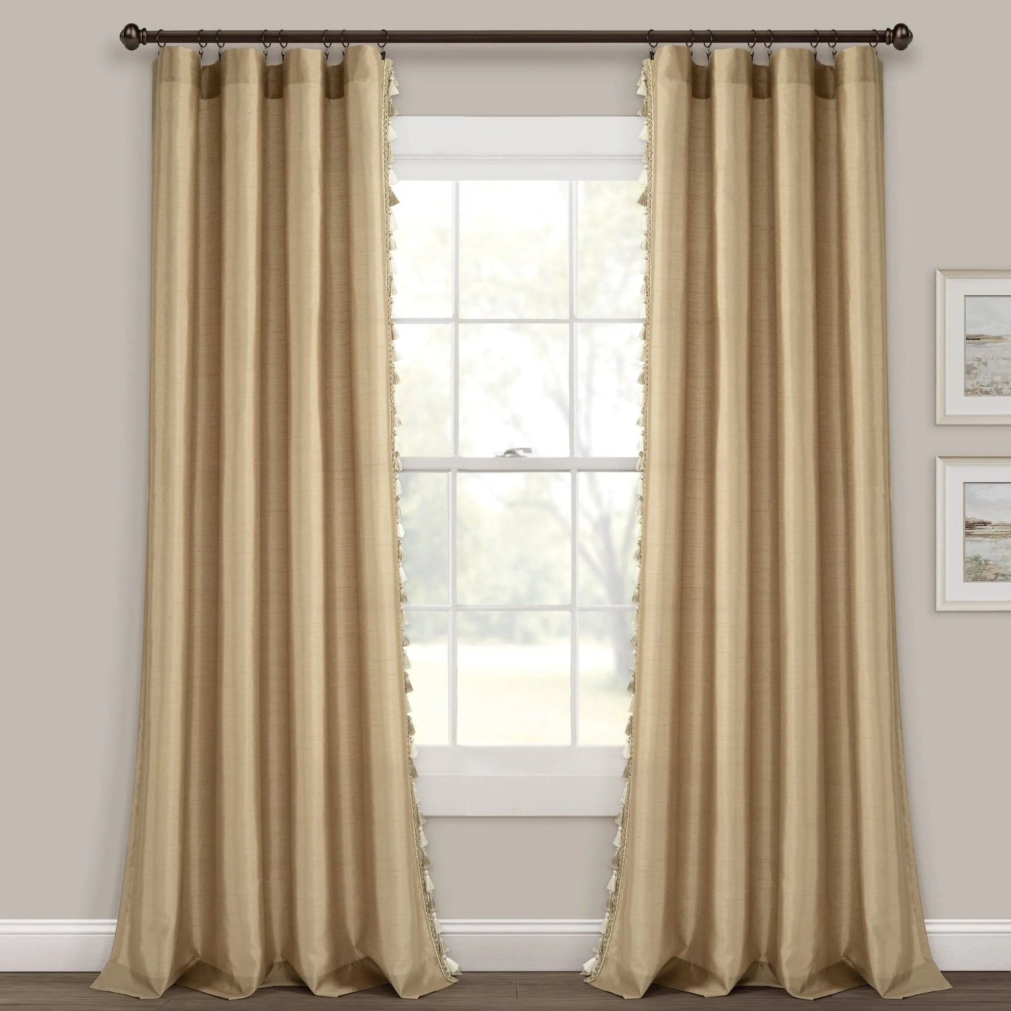 Luxury Regency Faux Silk Two-Tone Tassel Window Curtain Panel Set