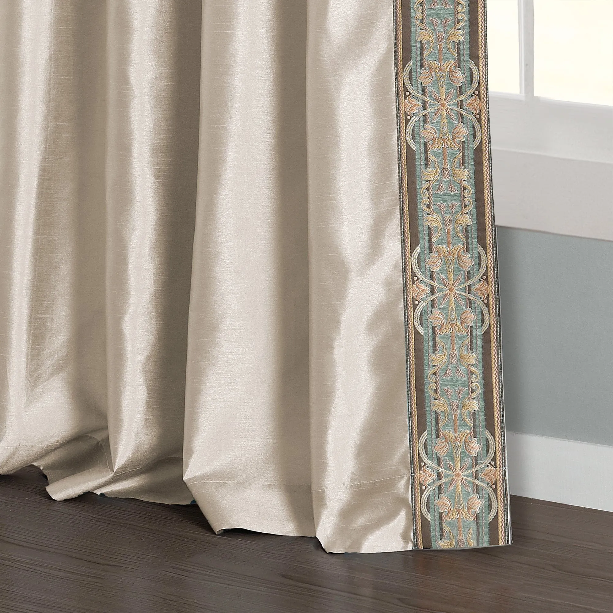 Luxury Traditional Regency Faux Silk Border Trim Window Curtain Panel