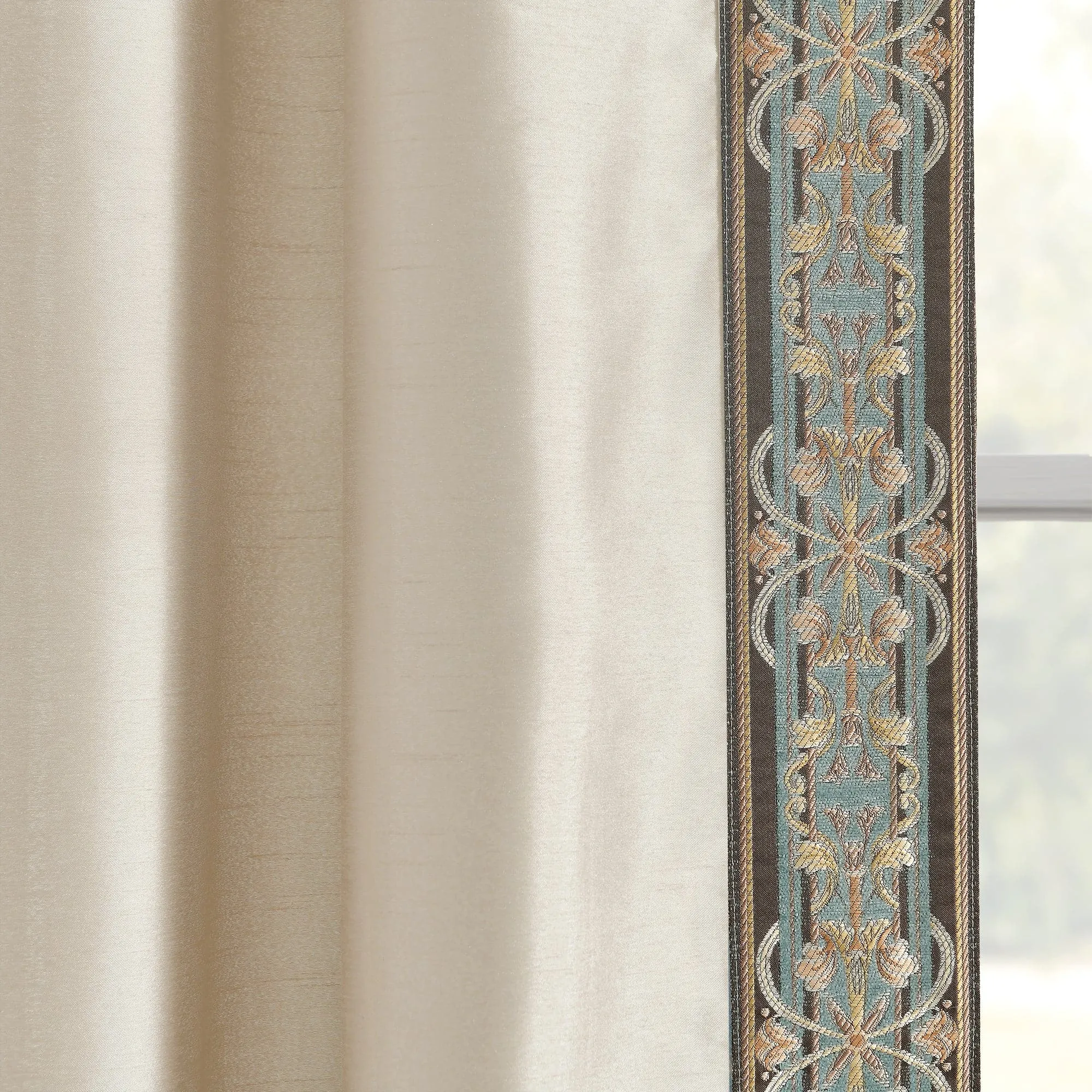 Luxury Traditional Regency Faux Silk Border Trim Window Curtain Panel