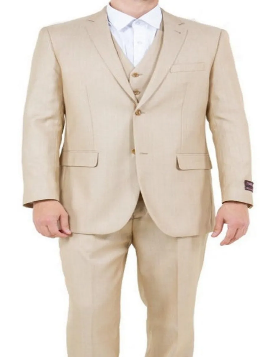 Mens Sharkskin 3 Piece Single Breasted Suit Light Beige