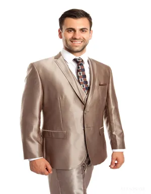 Mens Tazio Vested Slim Fit Shiny Sharkskin Suit in Champagne