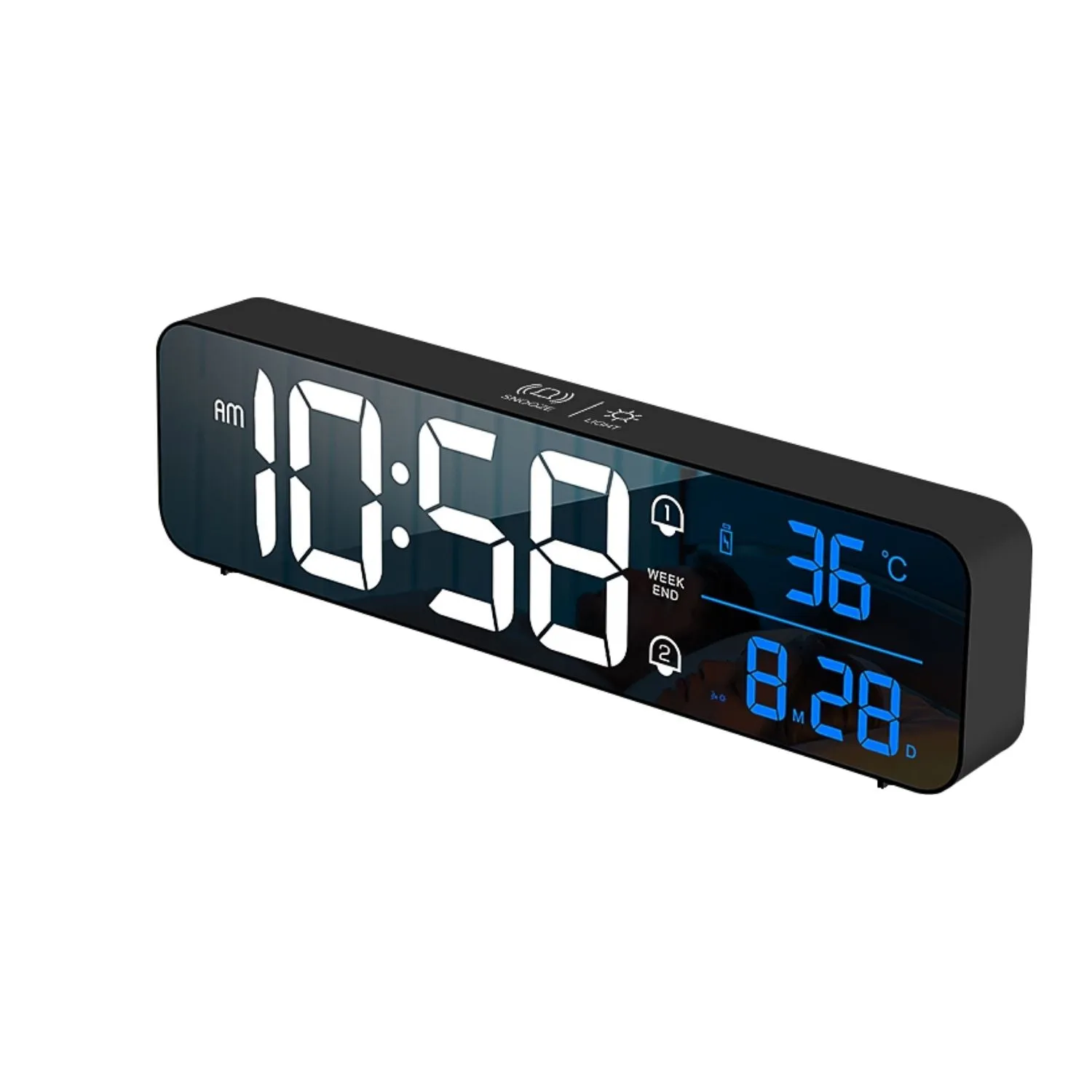 Mirrored LED Digital Clock, Dual Alarms, USB, Black - Gominimo