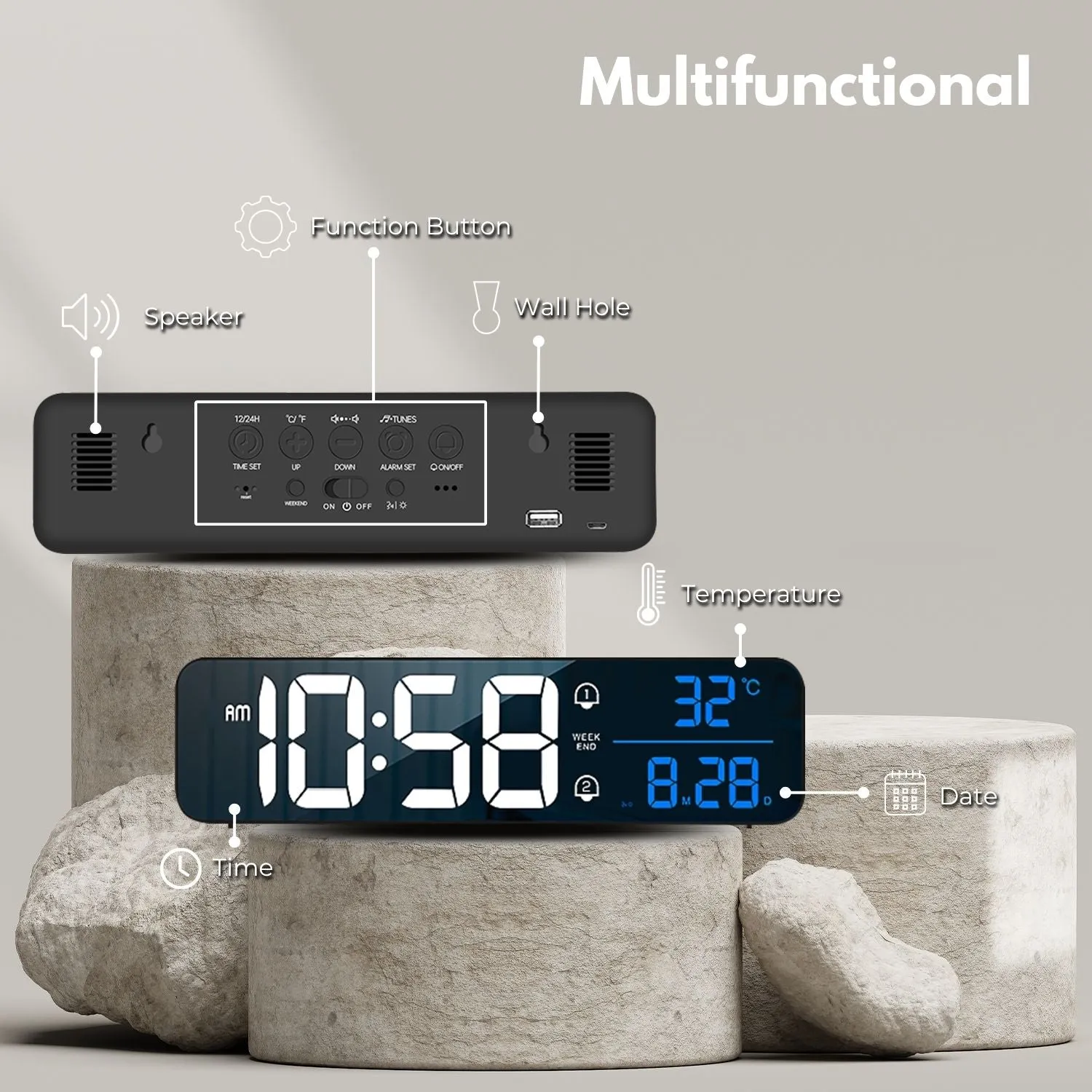 Mirrored LED Digital Clock, Dual Alarms, USB, Black - Gominimo