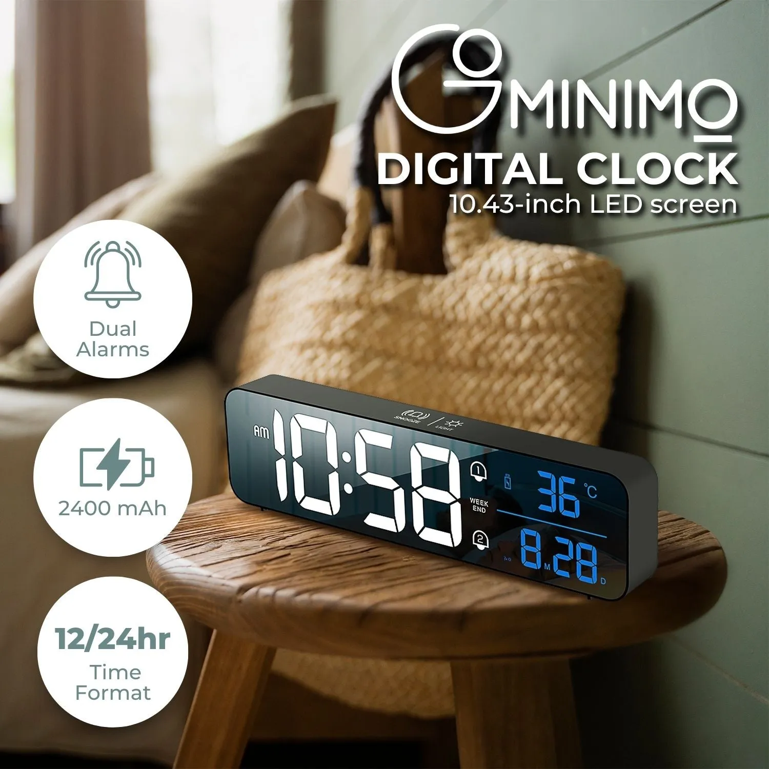 Mirrored LED Digital Clock, Dual Alarms, USB, Black - Gominimo