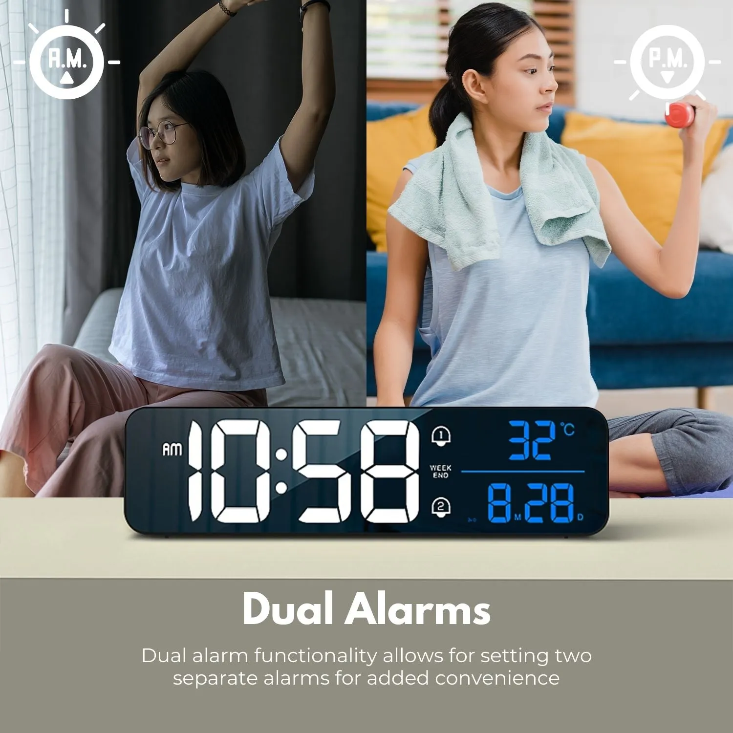 Mirrored LED Digital Clock, Dual Alarms, USB, Black - Gominimo