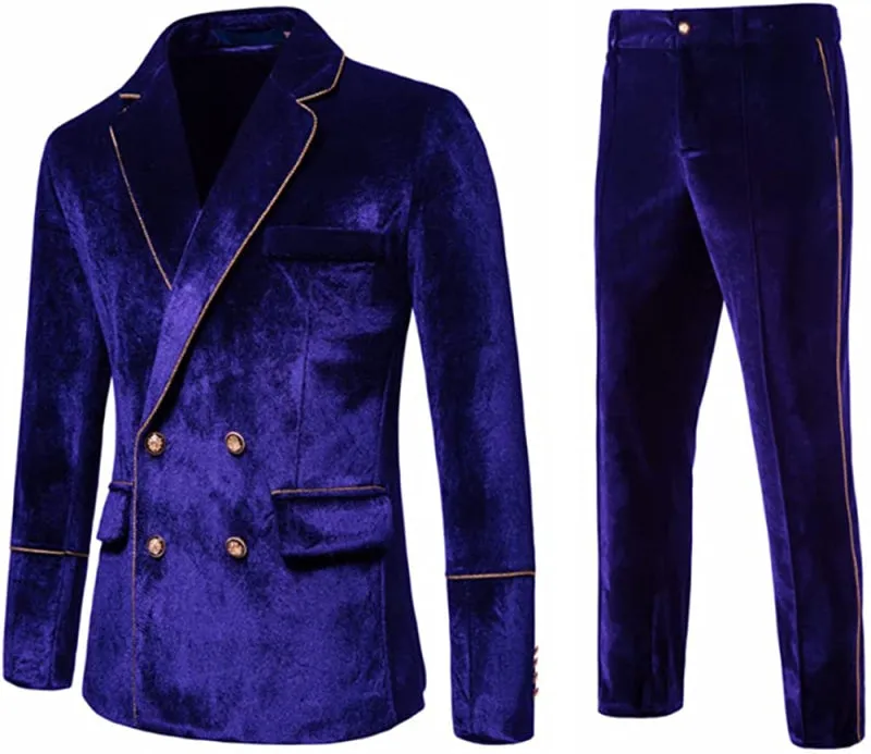 Modern Violet Double Breasted Velvet Two Pieces Prom Suits with Notched Lapel