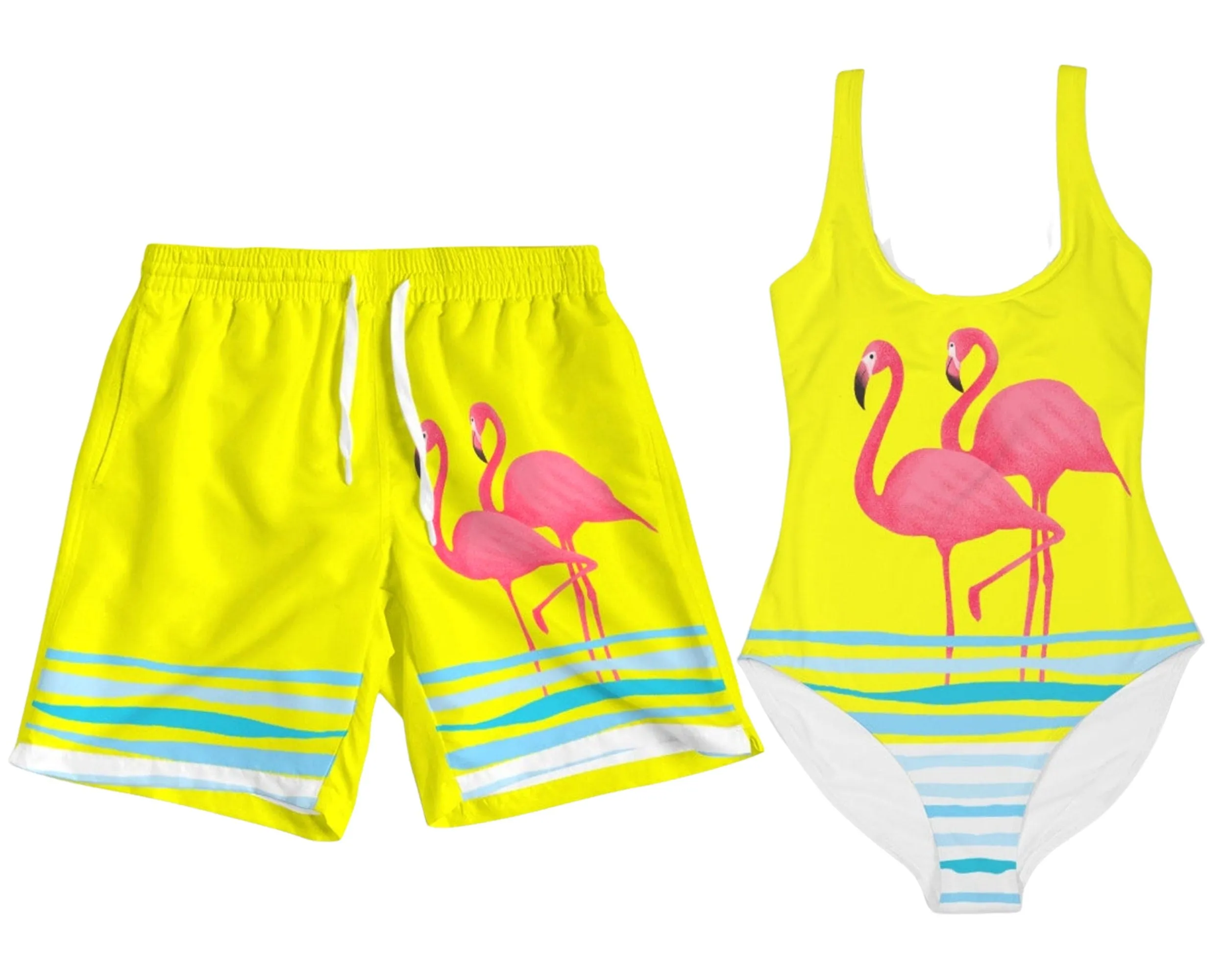 PINK FLAMINGOS BLUE WAVES COUPLES YELLOW SWIMSUIT SET