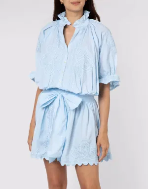 Poplin Blouson Dress with Ric-Rac Embroidery - Pale Blue