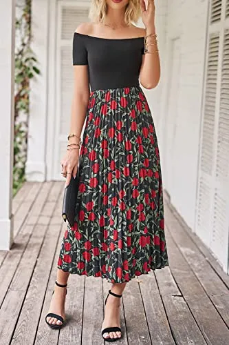 PRETTYGARDEN Women's 2023 Summer Patchwork Maxi Dress Casual Off The Shoulder Short Sleeve Pleated Long Dresses (Black Rose,Medium)