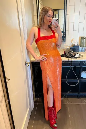 Red Straps Orange Sequin High Slit Made to Order Prom Dress