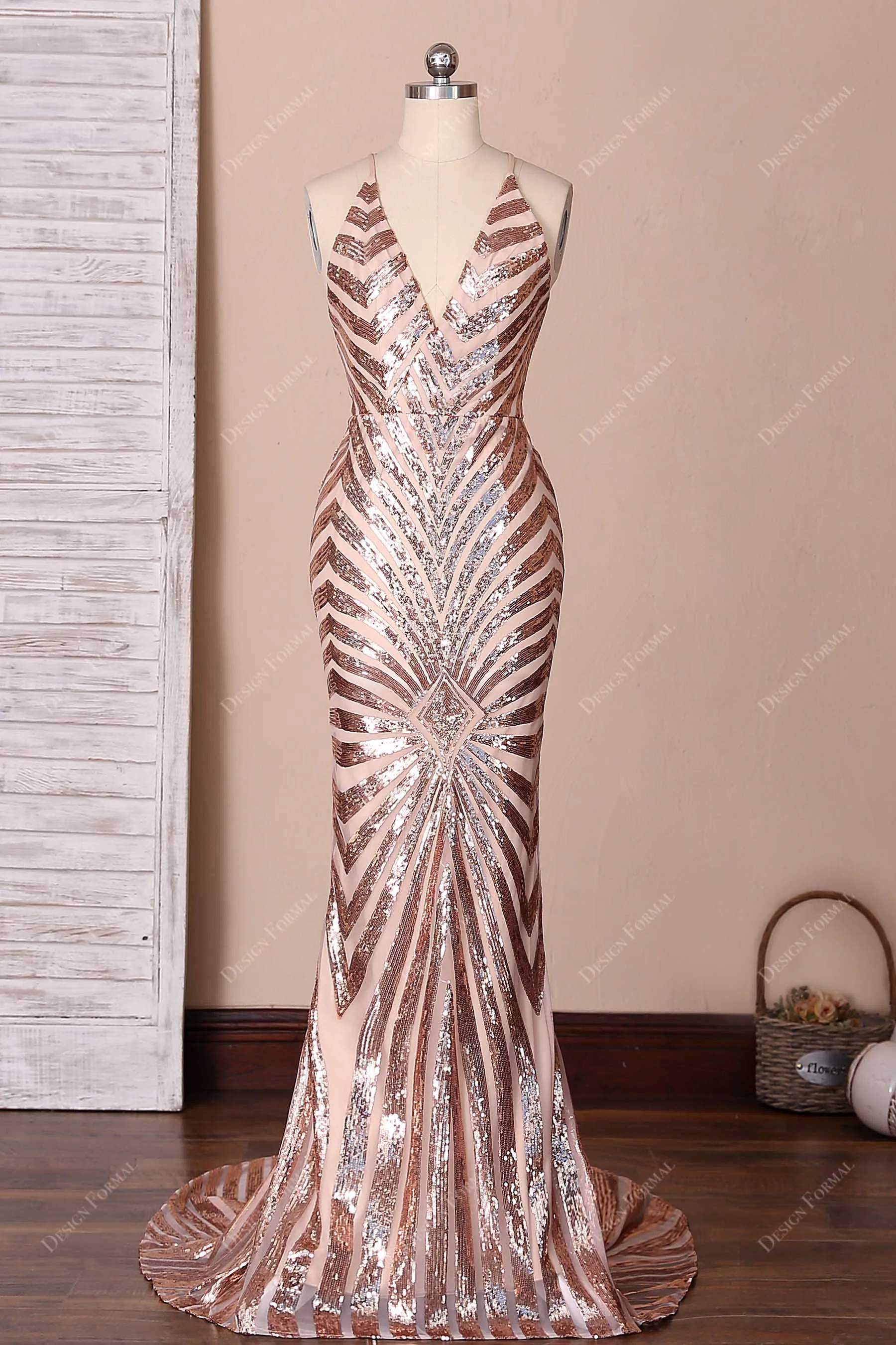 Rose Gold Spider Web Sequin Mermaid Dress