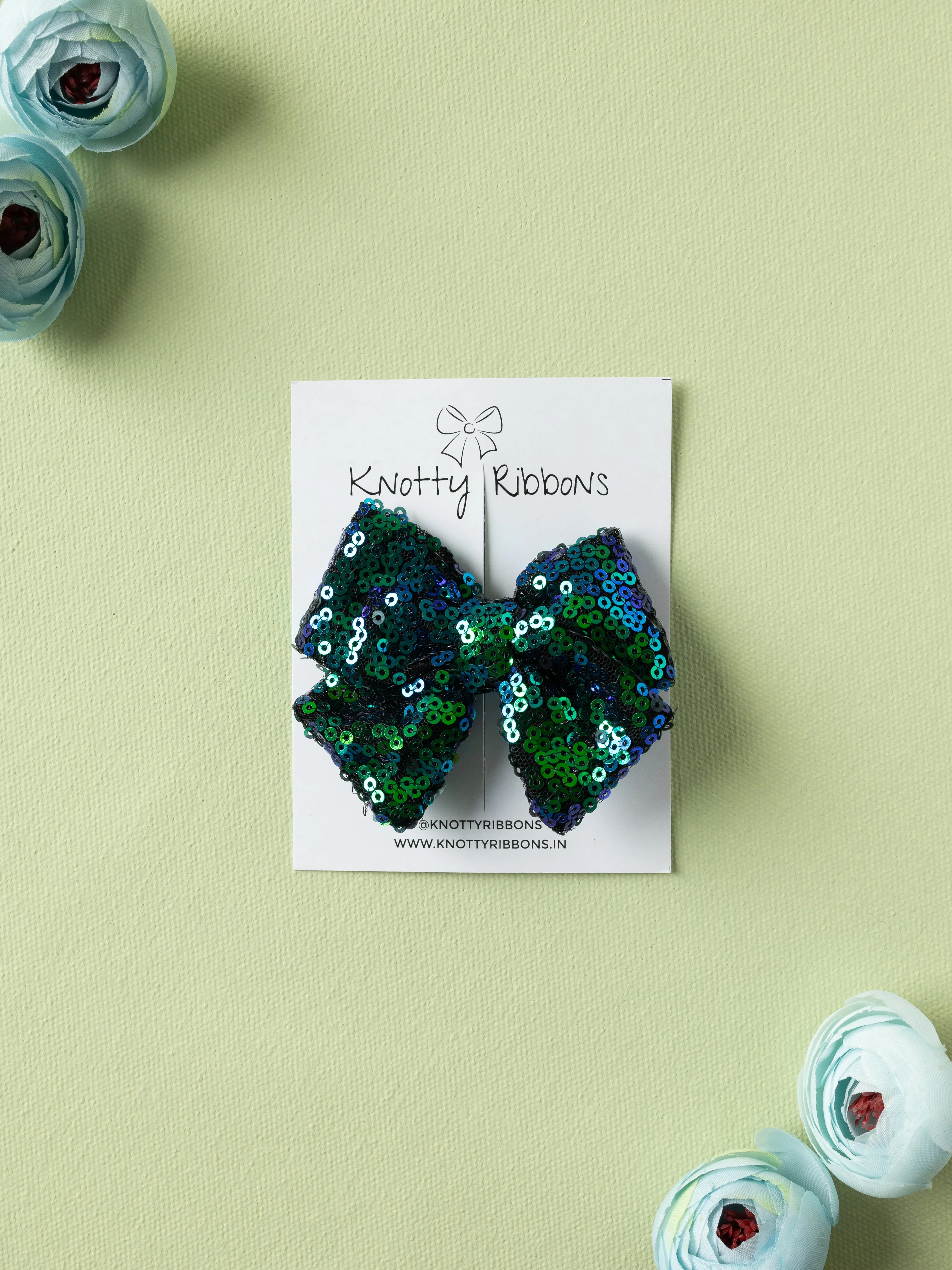 Sequined School Bow Alligator Hair Clip- Dark Green