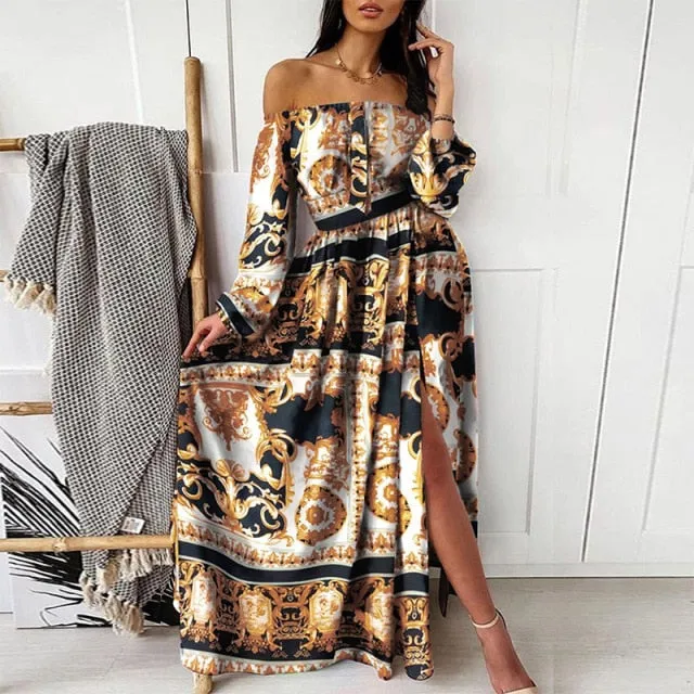 Sexy Women Off Shoudler Strapless Split Dress Vintage Floral Print Maxi Long Dress Clubwear Long Sleeve Party Dress Vestido 3XL