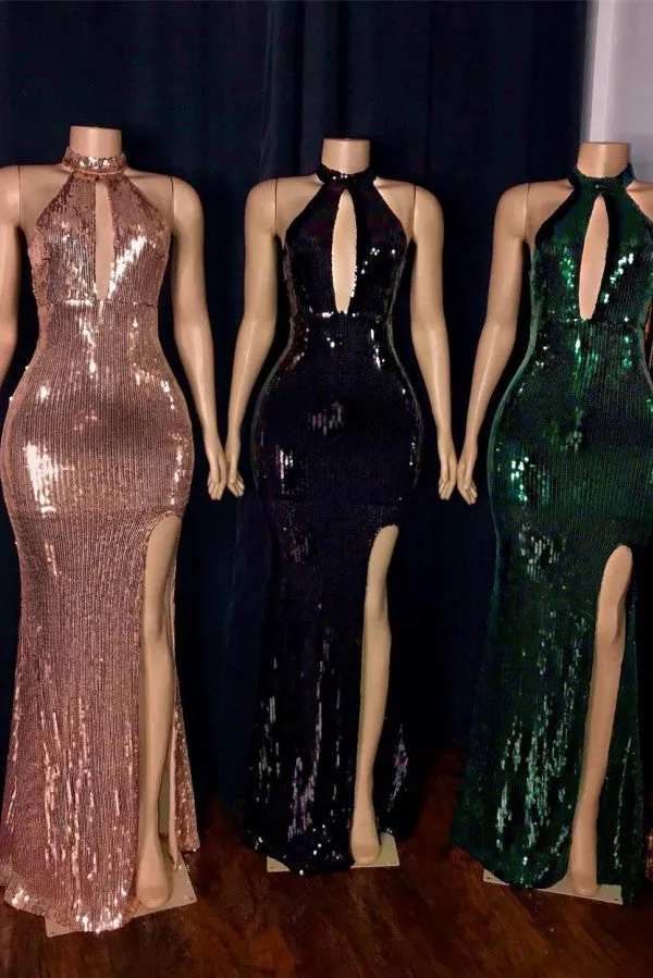 Shiny Sequins Halter Keyhole Neckline Front Slit Mermaid Prom Gowns