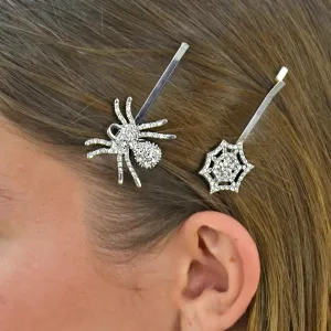 Spider & Web Halloween Hair Slides Set Silver Diamante Clips