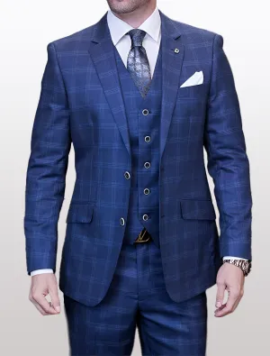 Statement Men's Indigo Plaid Modern Fit 100% Wool Vested Suit