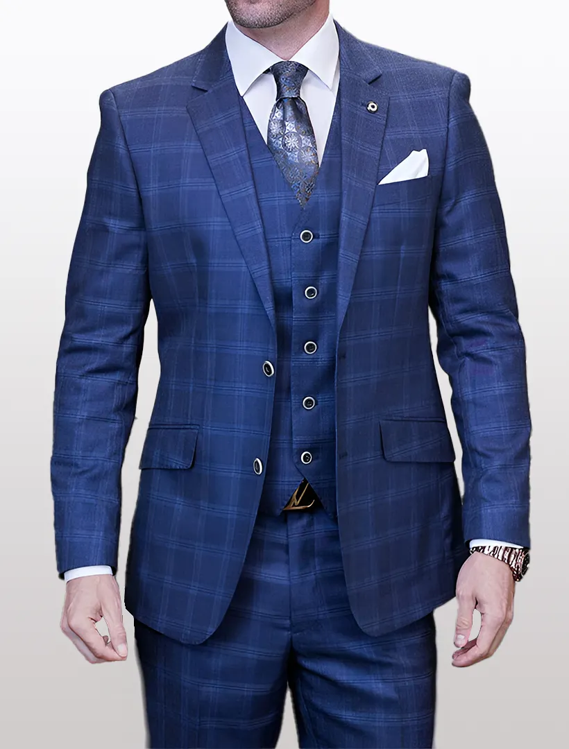 Statement Men's Indigo Plaid Modern Fit 100% Wool Vested Suit