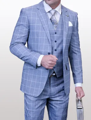 Statement Men's Steel Blue Windowpane Modern Fit Vested Suit