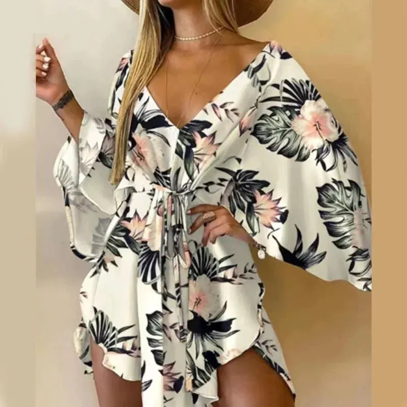 Summer Elegant Lace-up 2024 Sleeves Beach Print V Floral Casual Sexy Neck Flared Dress