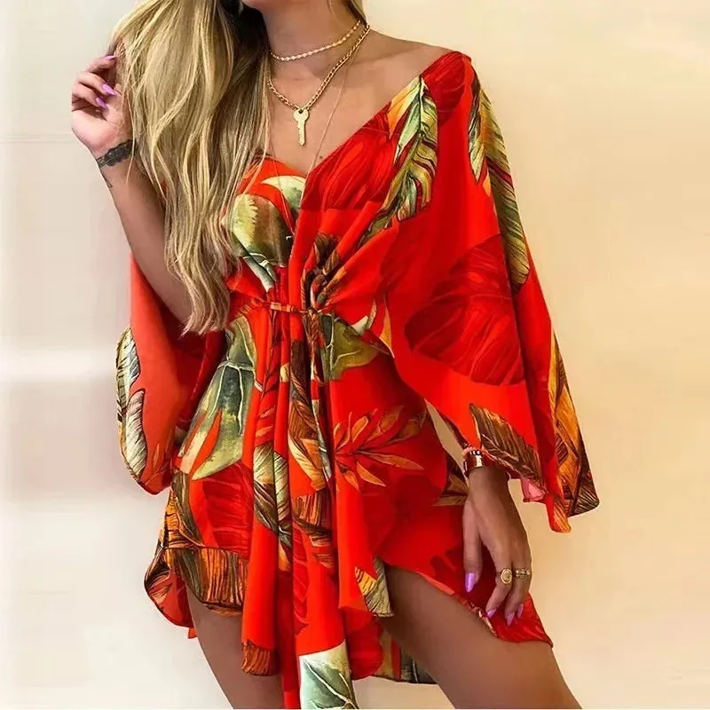 Summer Elegant Lace-up 2024 Sleeves Beach Print V Floral Casual Sexy Neck Flared Dress