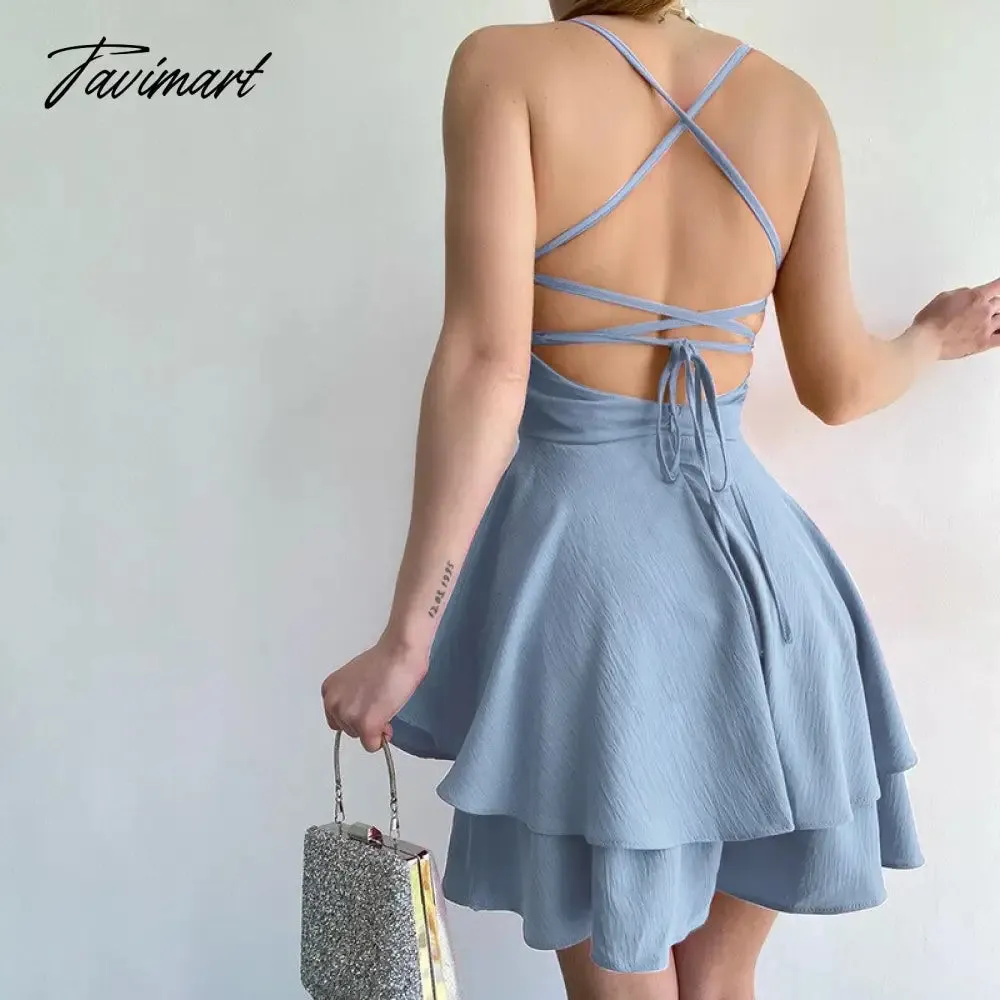 Tavimart Sexy Backless Bandage Mini Dress for Women Elegant Spaghetti Strap Party Dresses Fashion Summer Bodycon Beach Ruffle Dress