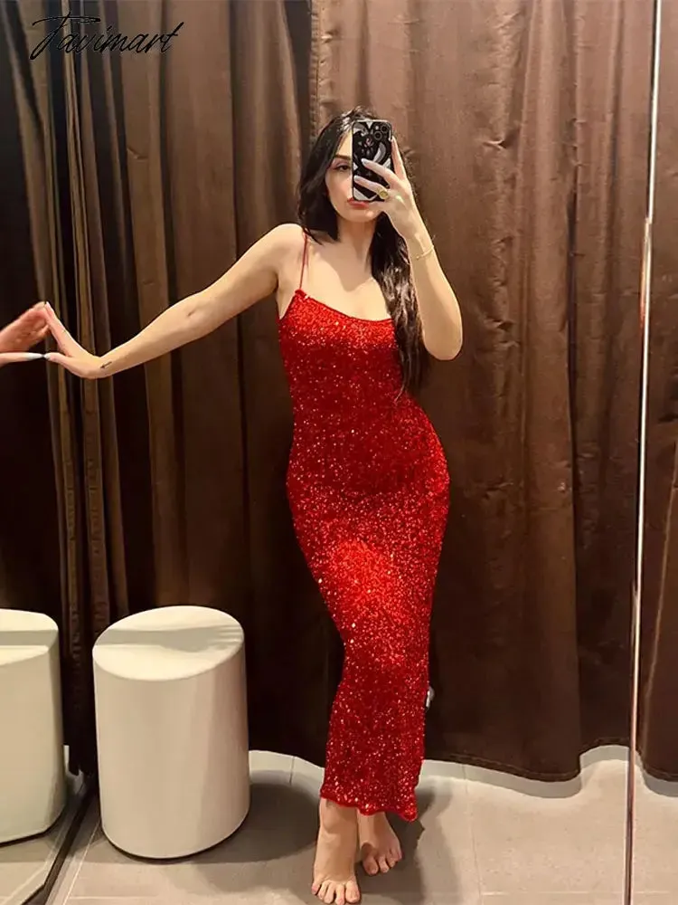 TAVIMART -  Shiny Sequins Sleeveless Bodycon Midi Dress Women Fashion Red Backless Sling Vestidos 2024 Spring Lady Elegant Party Club Robes