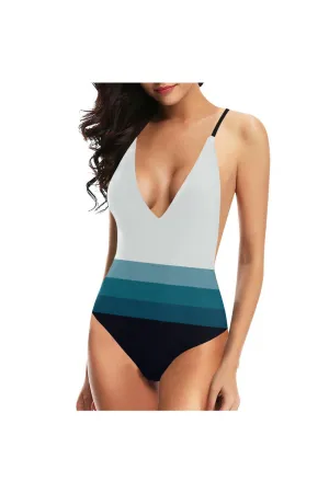 Three Band Gradient Sexy Lacing Backless One-Piece Swimsuit