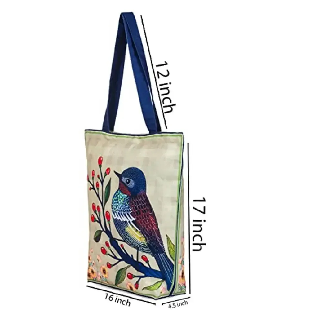 Tikuli Polyester Durable Canvas Large Size Printed Tote Bag for Women with ZIP (Beige Blue)