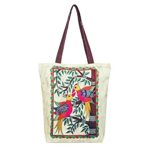 Tikuli Polyester Durable Canvas Large Size Printed Tote Bag for Women with ZIP (Beige-Multicolor)