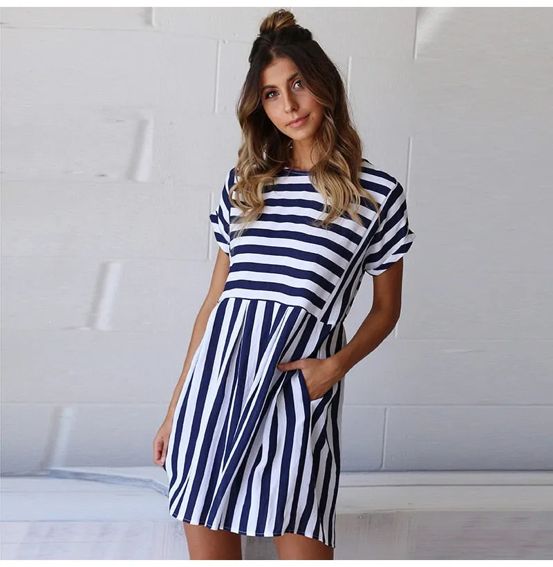 VenusFox  A-Line Striped Short Sleeve Casual Dress