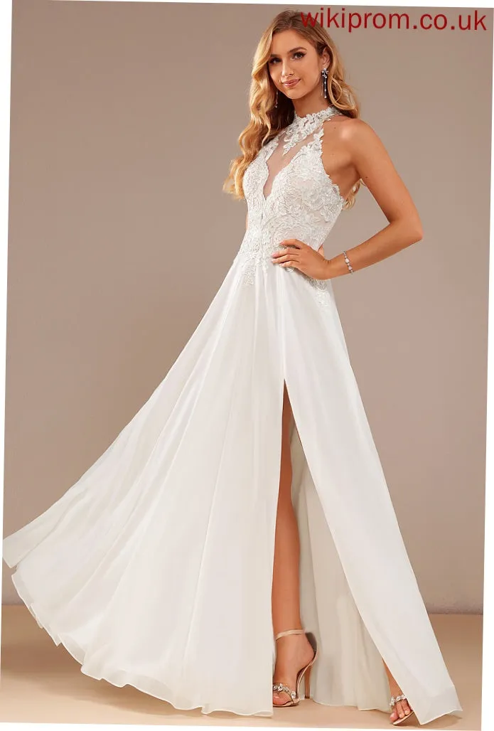 Wedding Dresses Dress Wedding Lace Sequins Front Lace Neck Beading Makaila Chiffon With Floor-Length High Split A-Line