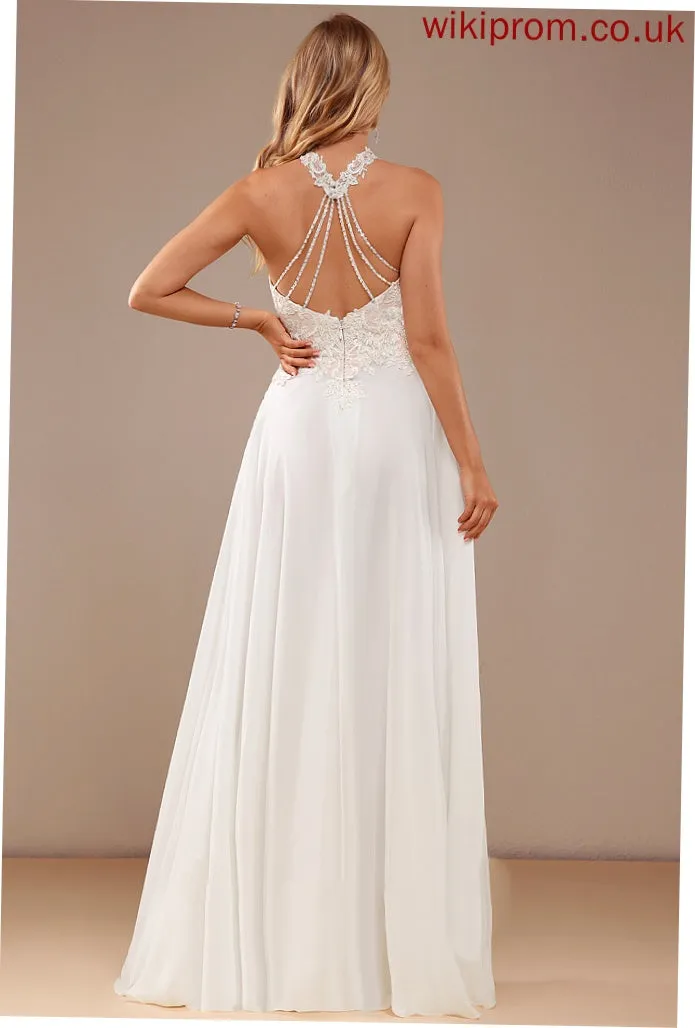 Wedding Dresses Dress Wedding Lace Sequins Front Lace Neck Beading Makaila Chiffon With Floor-Length High Split A-Line