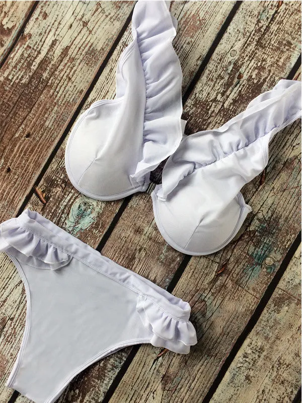 White Ruffle Deep V-neck Bikini Sets