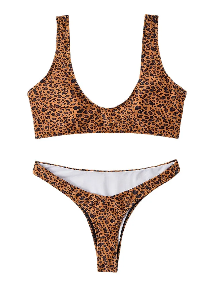 Women Leopard Animal Print Wide Shoulder Straps Backless Bikini Thong Swimsuits